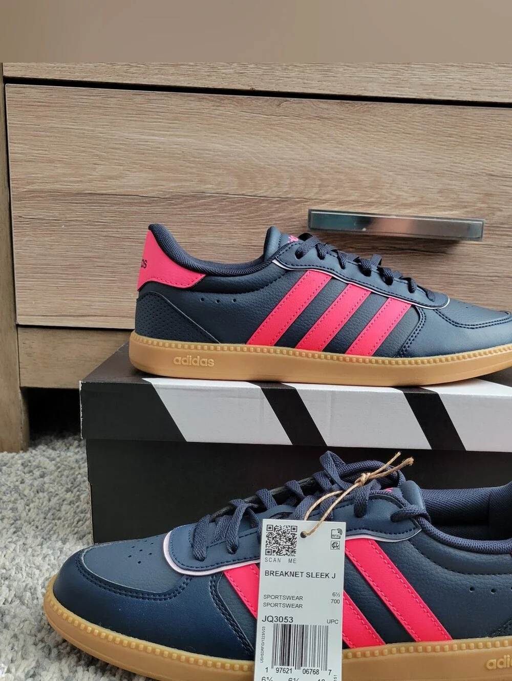 Adidas Navy Blue Sneakers with Pink Stripes and Gum Sole Size:7